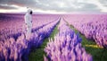 Astronaut with butterflies in lavender field. concept of future. broadcast. 3d rendering. Royalty Free Stock Photo