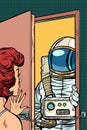 Astronaut came to visit a woman, the door was opened