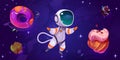 Astronaut in candy space near donut planet cartoon