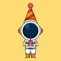 Astronaut carrying birthday cake, cute cartoon icon illustration