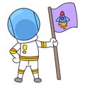 Astronaut carrying a flag exploring the moon, doodle icon image kawaii