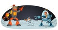 Astronaut cartoon children fighting a robot on the moon