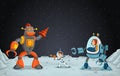 Astronaut cartoon children fighting a robot on the moon