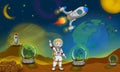 Cartoon astronaut planting tree seed,isolated on solar system theme background Royalty Free Stock Photo