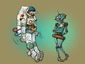 An astronaut in a cartoon shock pose, looking at a female robot