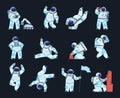 Astronaut. Cartoon spaceman in different poses. Cosmic explorer wears spacesuit and helmet. Cosmonaut takes soil samples