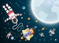 Astronaut cartoon with a spaceship in orbit