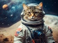 Astronaut cat in spacesuit against the background of the planet. Generative AI