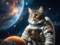 Astronaut cat in spacesuit against the background of the planet. Generative AI