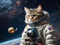 Astronaut cat in spacesuit against the background of the planet. Generative AI