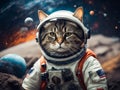 Astronaut cat in spacesuit against the background of the planet. Generative AI