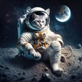 An astronaut cat in a white suit on a rocky planet with a starry sky and a nebula in the background