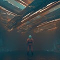 Astronaut standing in a futuristic city with neon lights.