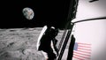 The astronaut climbs the stairs and returns to the moon lander. 3D Rendering