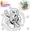 Astronaut collects stars in space, coloring book, funny illustration