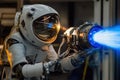 Astronaut conducting propulsion test with thruster in a space simulation facility