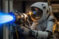 Astronaut conducting propulsion test with thruster in a space simulation facility