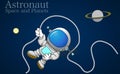 Astronaut connected to the space shuttle. Cartoon lost cosmonaut in dark sky cosmic background. Planet and satellites. Spaceman wi