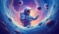 Astronaut in a cosmic swirl among cosmic spheres and planets