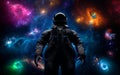 Astronaut cosmonaut discovery of new worlds of galaxies panorama, fantasy portal to far universe. Astronaut space exploration, Royalty Free Stock Photo