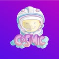 Astronaut, cosmonaut girl in space cosmos helmet with word Cosmic and clouds on bottom. Cute cartoon vector illustration