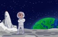 Astronaut or cosmonaut standing on the moon alongside the USA flag with a rocket in the background. Earth rising in the