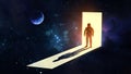 Astronaut cosmonaut stands in doorway from light into darkness of space. Silhouette of man in spacesuit, shadow, portal to the