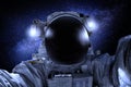 Astronaut or cosmonaut in the universe closeup