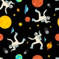 Astronaut dance in space pattern seamless. Spaceman dancer background. Cosmonaut disco texture. vector ornament