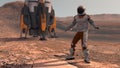 Astronaut dancing on Mars red planet. Exploring Mission To Mars. Futuristic Colonization and Space Exploration Concept. Colony on