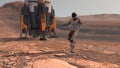 Astronaut dancing on Mars red planet. Exploring Mission To Mars. Futuristic Colonization and Space Exploration Concept. Colony on