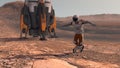 Astronaut dancing on Mars red planet. Exploring Mission To Mars. Futuristic Colonization and Space Exploration Concept. Colony on Royalty Free Stock Photo