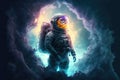 An astronaut in deep space amidst stunningly colorful nebulae. A mystical esoteric mood