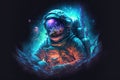 An astronaut in deep space sits on an asteroid amidst awesome colorful nebulae. A mystical esoteric mood