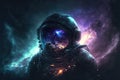 An astronaut in deep space sits on an asteroid amidst awesome colorful nebulae. A mystical esoteric mood