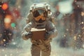 an astronaut delivering a package in the middle of space
