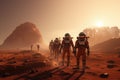 Astronaut in the desert at sunset. 3d rendering, A group of astronauts walking on Mars to explore, AI Generated
