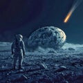 Astronaut Discovering a Giant Crashed UFO on the Moon Royalty Free Stock Photo