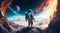 astronaut discovering a new planet full of life, spaceship in the background, planets in the voids of space in the sky, AI Royalty Free Stock Photo