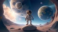 astronaut discovering a new planet full of life, spaceship in the background, planets in the voids of space in the sky, AI