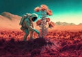 Astronaut discovers and research big flower or plant on alien planet. Generative AI