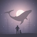 Astronaut and dog. Flying whale in moonlight. Fantastic animal. Sci Fi