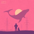 Astronaut and dog. Flying whale at sunset. Fantastic animal. Sci Fi