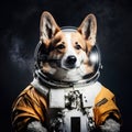 An astronaut dog Korgi in a white suit on a rocky planet with a starry sky and a nebula in the background. Generated AI