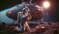 Astronaut dog posing in front of lunar lander on moon