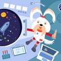 Astronaut dog with tube of juice on space station. Characters in cartoon style with background. Vector full color Royalty Free Stock Photo