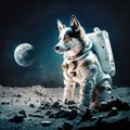 An astronaut dog in a white suit on a rocky planet with a starry sky and a nebula in the background. Generated AI