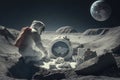 Astronaut doing laundry in a crater on the moon