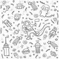 Astronaut doodle. Set of space objects and symbols