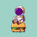 The astronaut is driving a burger car slowly that having a small wheels on it